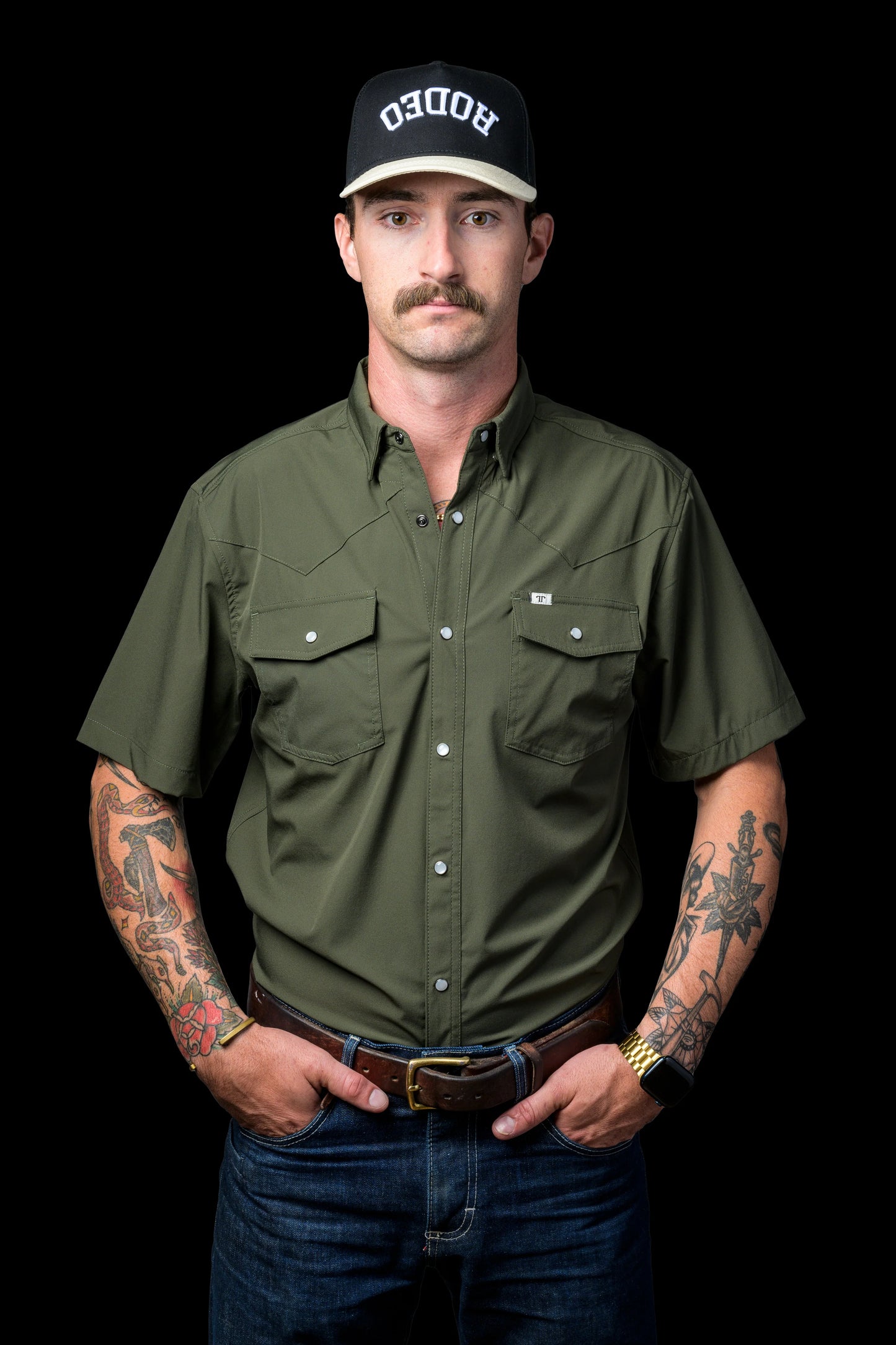 Ferrell Core Short Sleeve Pearl Snap Shirt in Olive Green