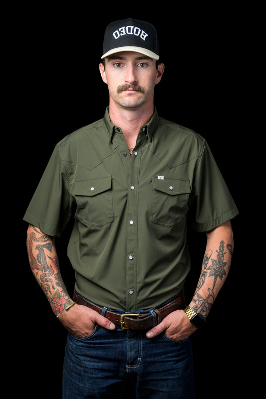 Ferrell Core Short Sleeve Pearl Snap Shirt in Olive Green