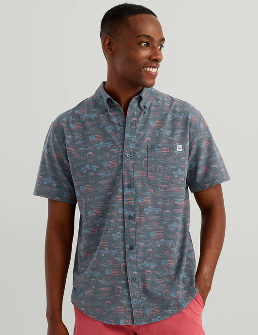 Huk KC Kona Button-Down in Sea Storm Americana