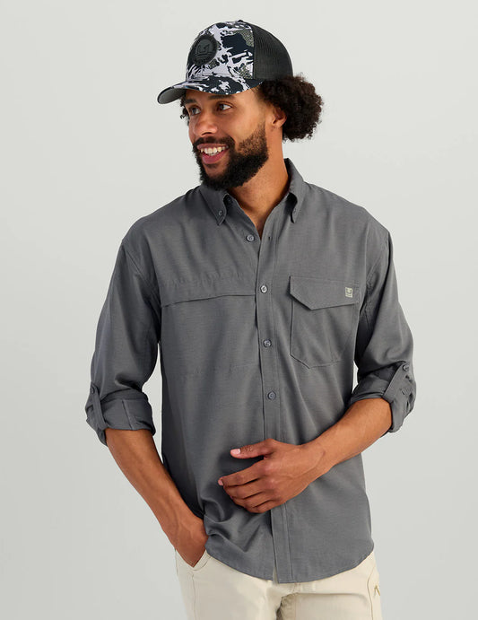 Huk Tide Point Heathered Ripstop Button-Down in Black Heather