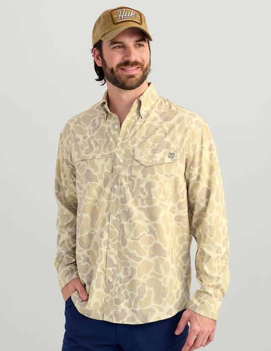 Huk KC Print Tide Point Button-Down in Sand Camo