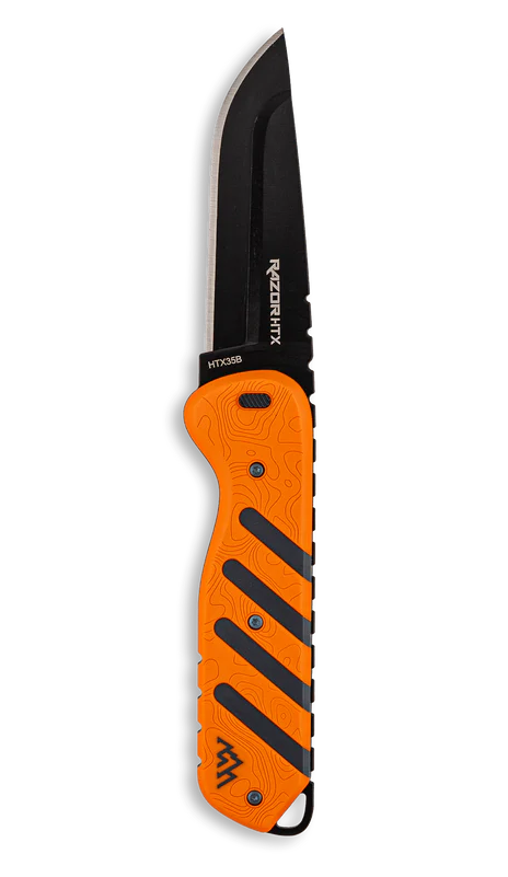 Orange and black Outdoor Edge brand folding knife on a white background
