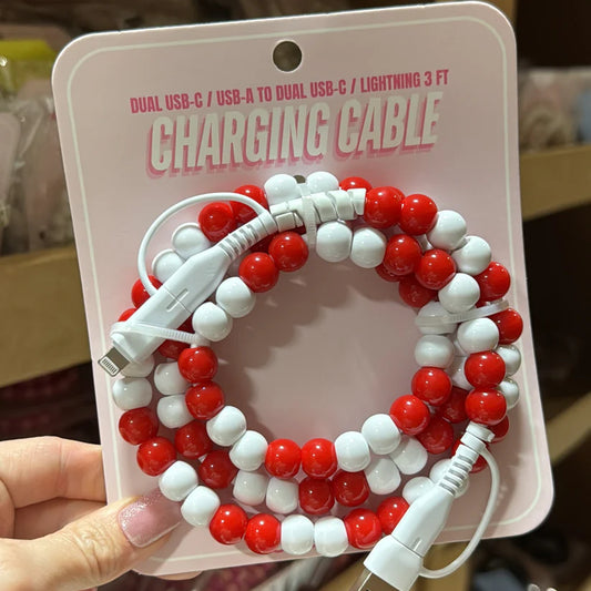 Red & White Beaded Charging Cable