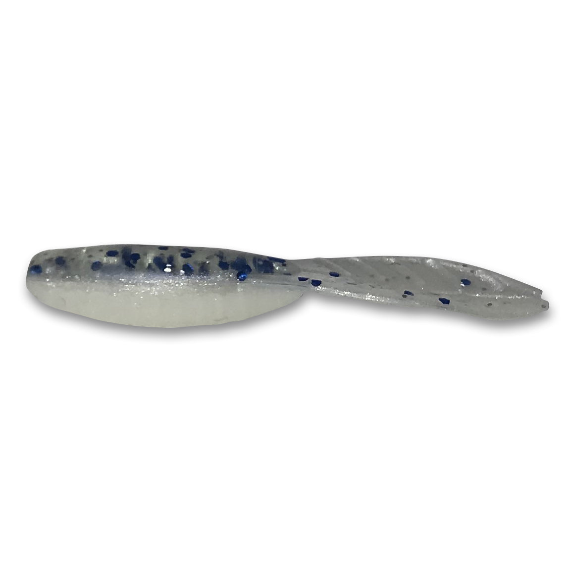 Fishing lure with white body and blue speckles on a white background