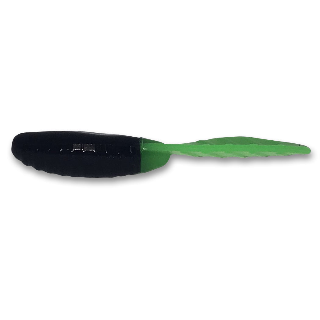 Black and green fishing lure on a white background