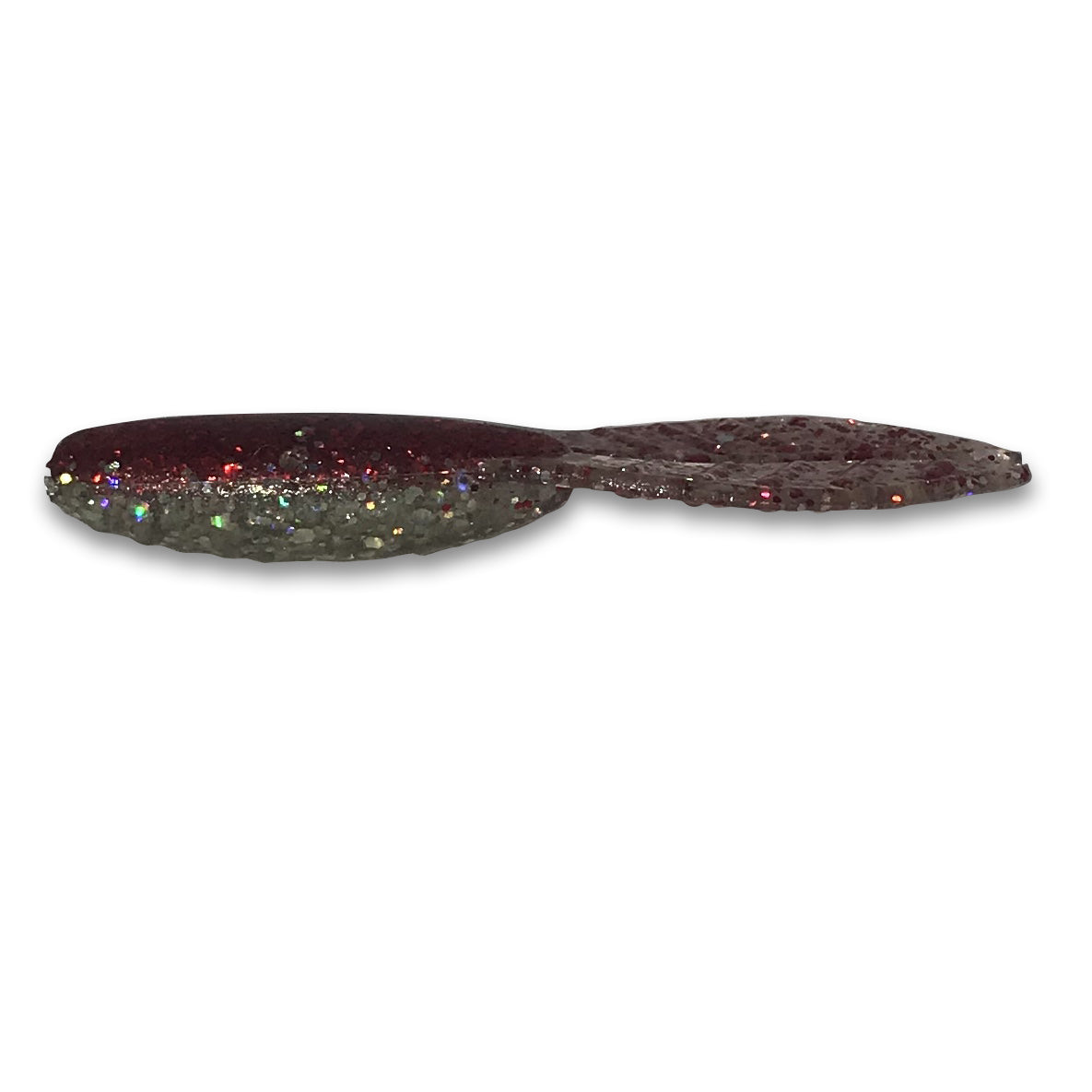 Dark red fishing lure with glittery finish on a white background