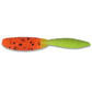 Orange and green fishing lure with black spots on a white background