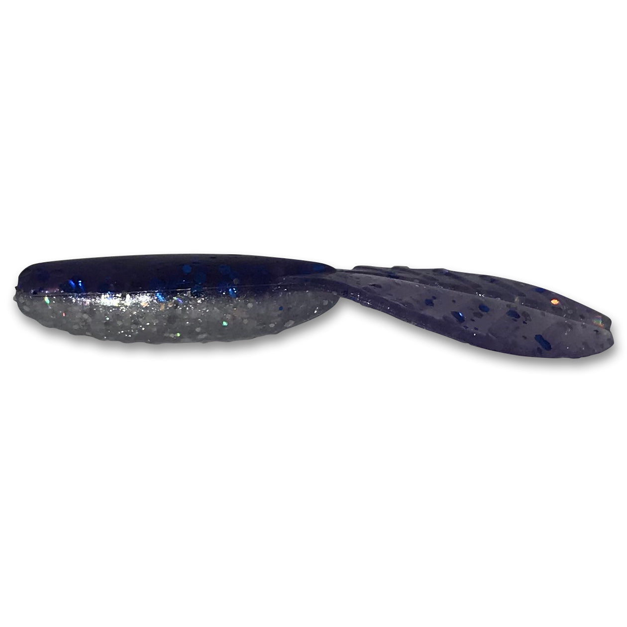 Fishing lure with dark blue and silver pattern on a white background
