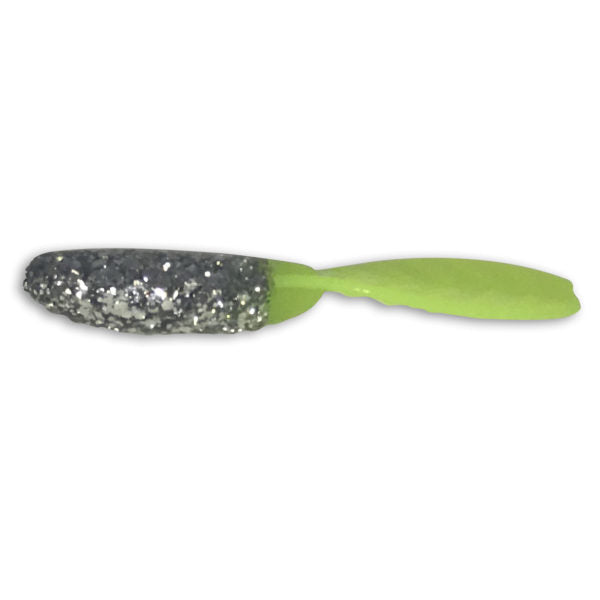 Fishing lure with green body and glittery head on a white background