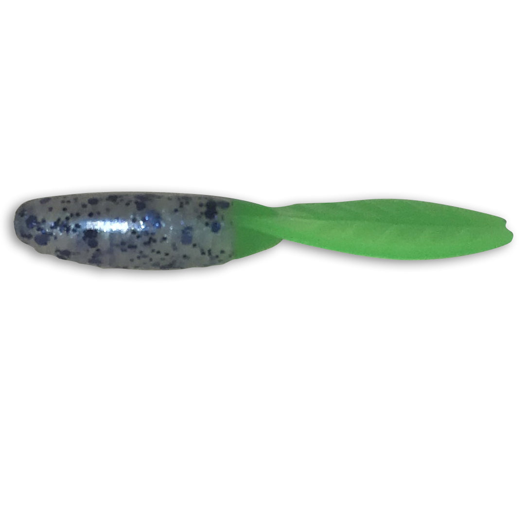 Fishing lure with blue and green colors on a white background