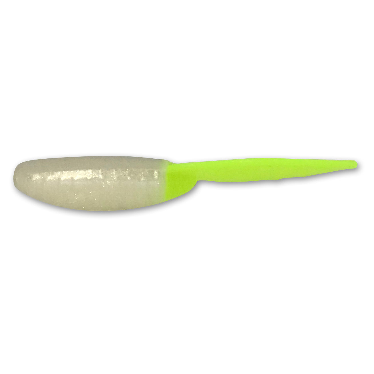 Fishing lure with a green tail and beige body on a white background