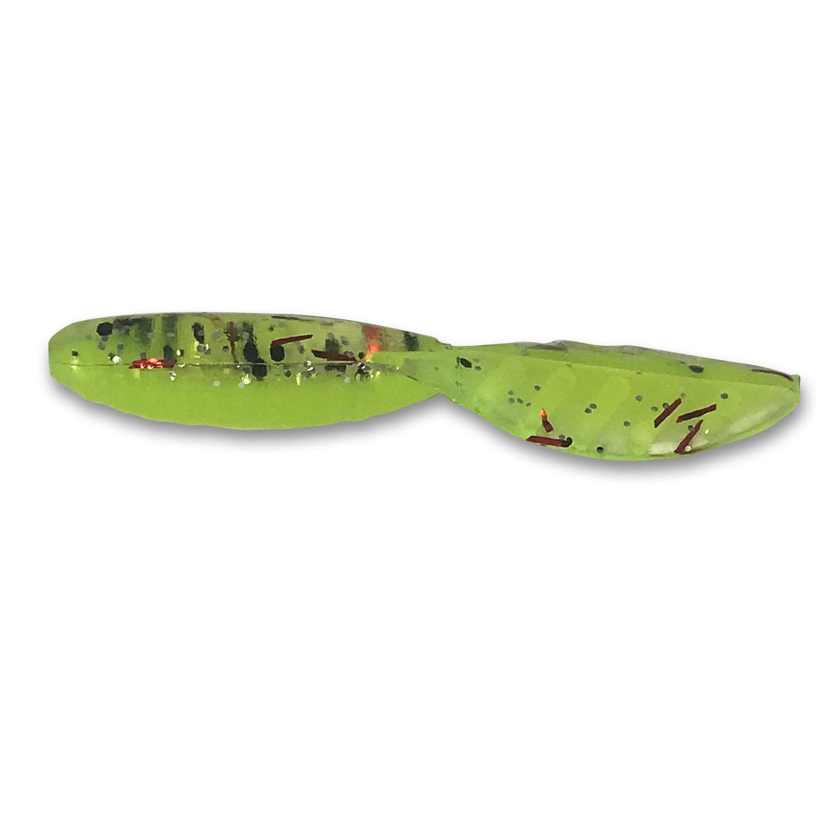 Green fishing lure with black and red patterns on a white background