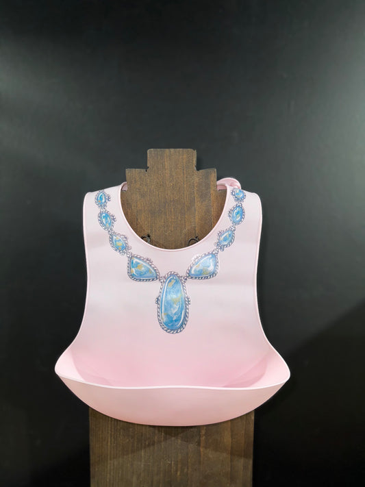 Blue Lariat Necklace on Pink Bib