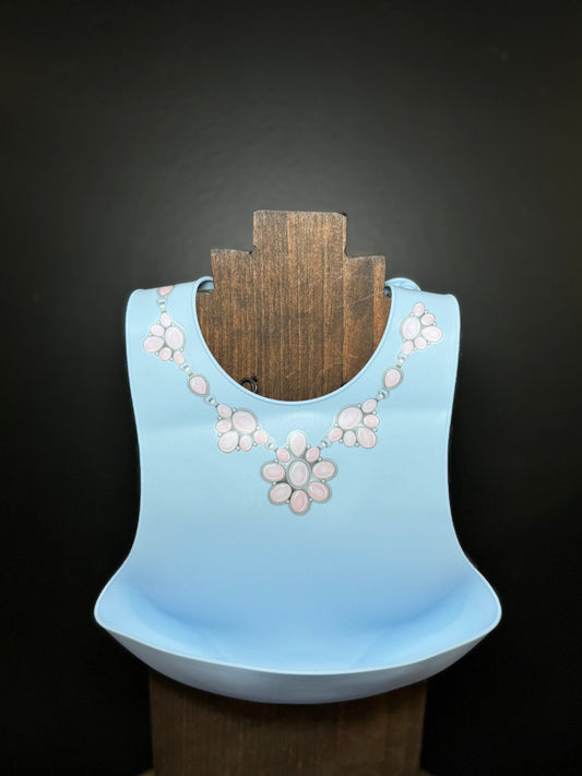 Pink Cluster Necklace on Blue Bib