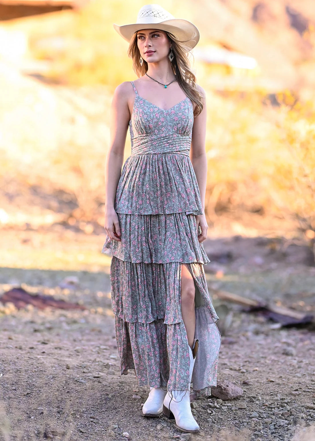 Rock & Roll Denim Tiered Floral Maxi Dress in Jade