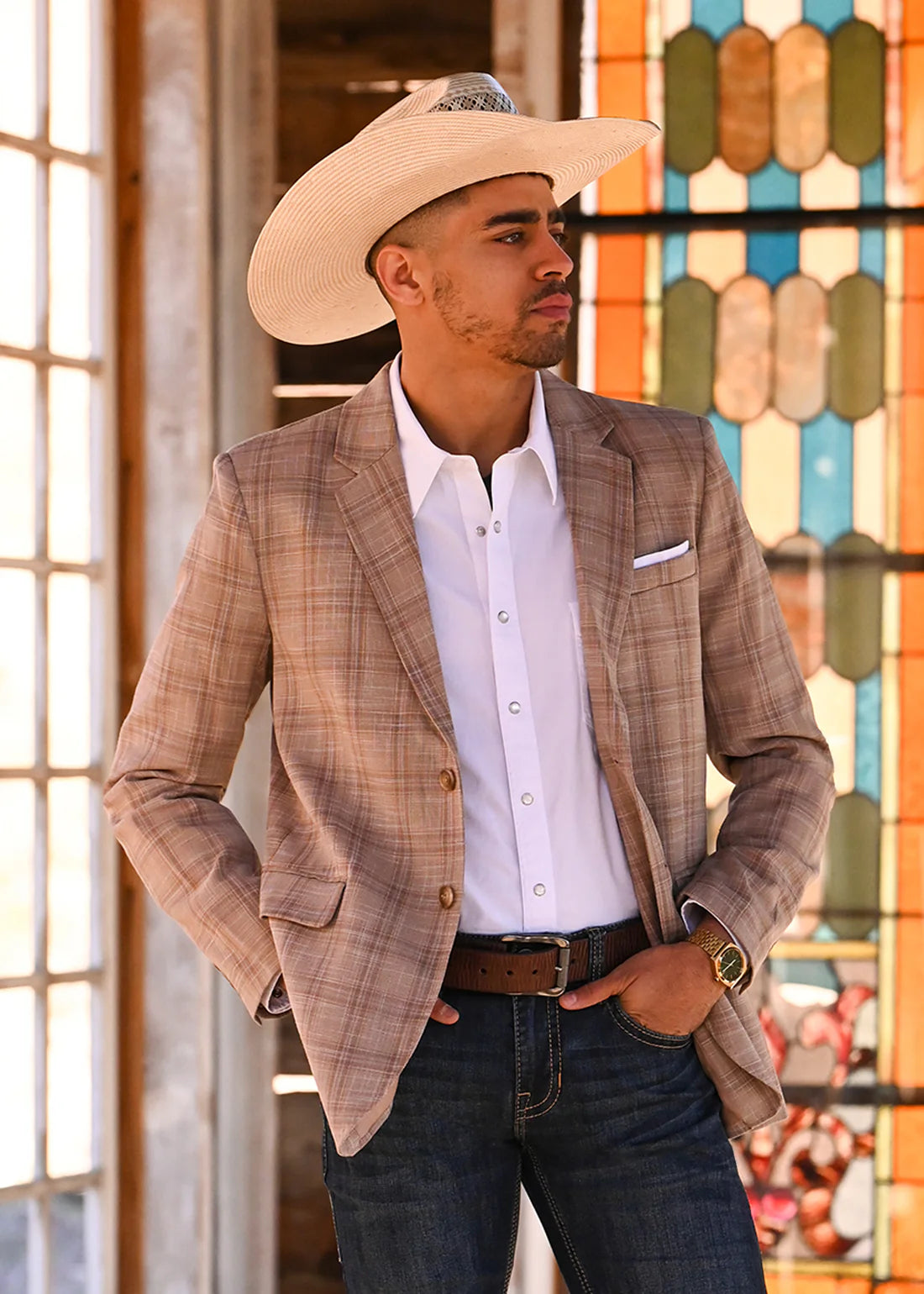 Rock & Roll Denim Tan Graph Plaid Sport Coat