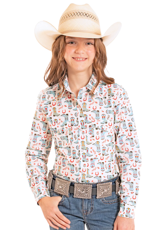 Panhandle Slim Girls' Floral Boot Print Long Sleeve Snap Shirt