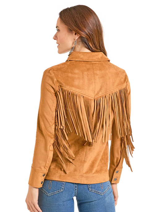 Panhandle Slim Camel Micro Suede Fringe Jacket with Boot Stitch Embroidery