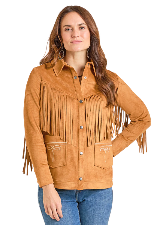 Panhandle Slim Camel Micro Suede Fringe Jacket with Boot Stitch Embroidery