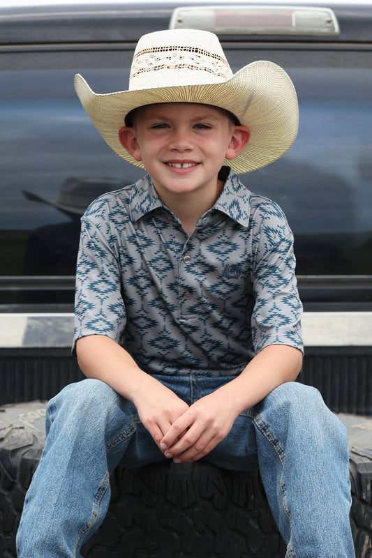 Cinch Boy's Arenaflex Polo Shirt in Gray Aztec Print
