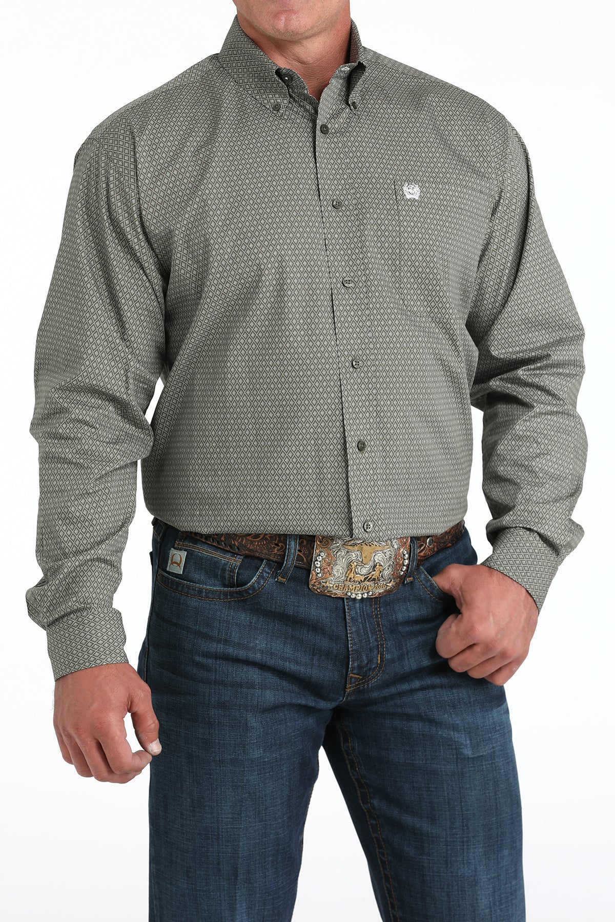 Cinch Men's Long Sleeve Olive Button Down Shirt