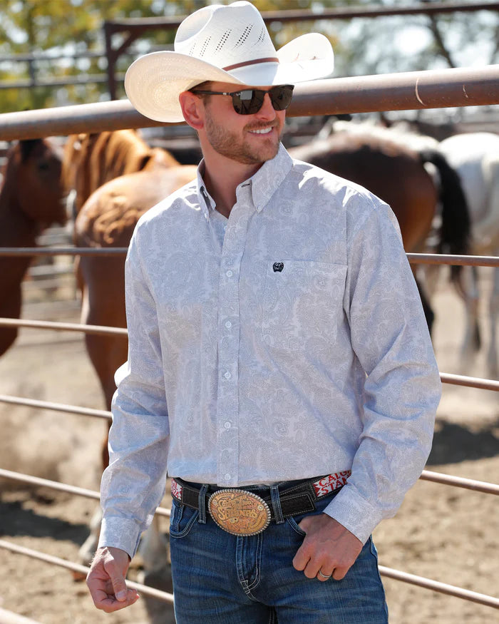 Cinch Men's Classic Fit Button-Down Western Shirt in White Paisley