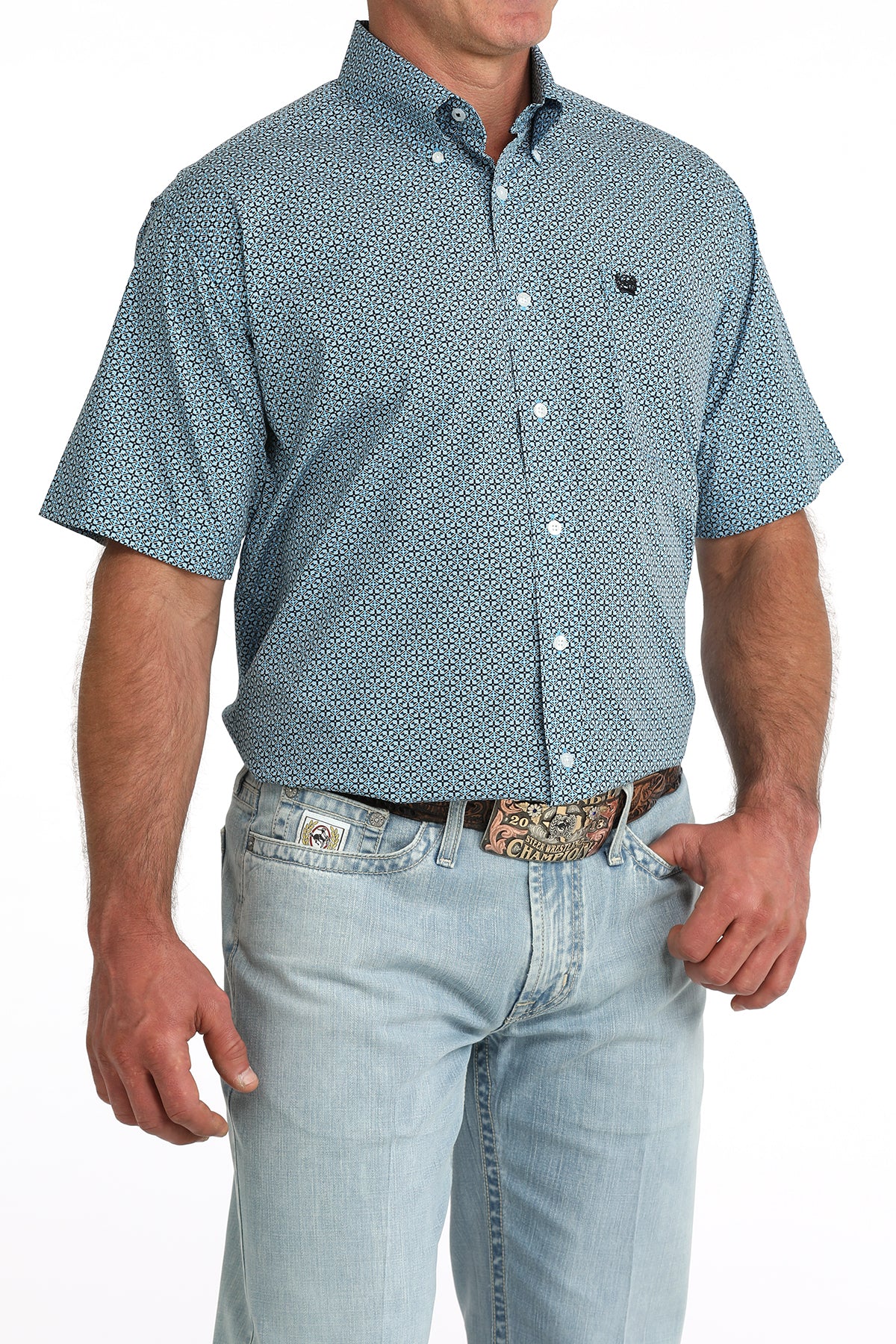 Cinch Men's Classic Fit Button-Down Western Shirt in Blue Geo Print