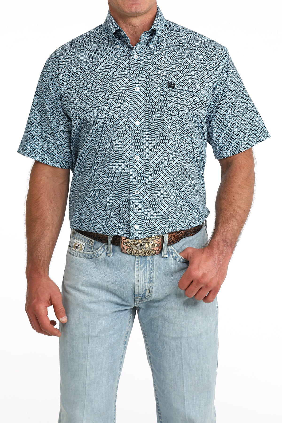 Cinch Men's Classic Fit Button-Down Western Shirt in Blue Geo Print
