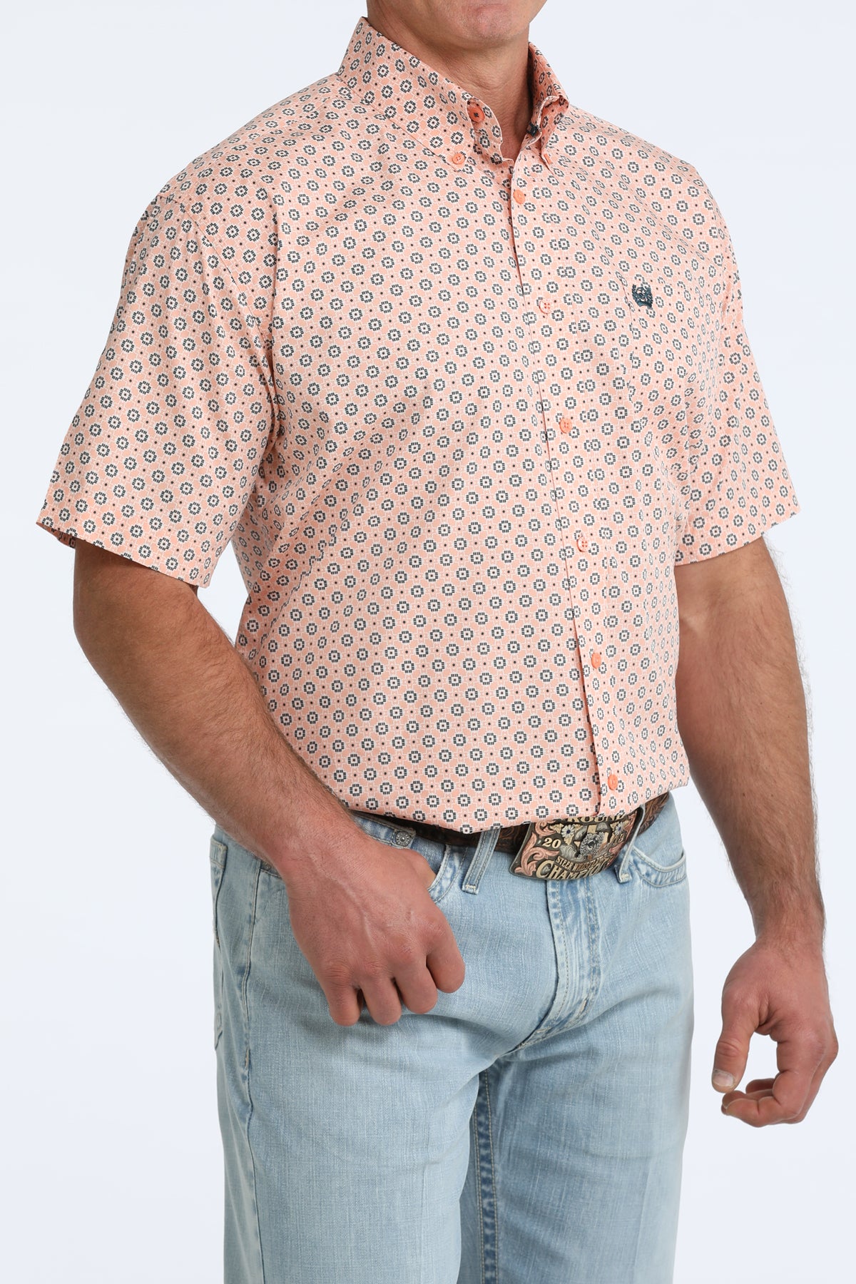 Cinch Short Sleeve Coral Geometric Shirt