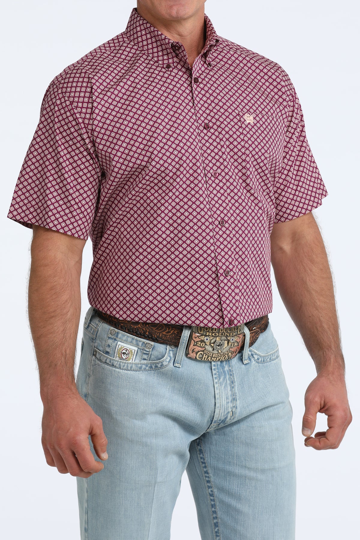 Cinch Short Sleeve Shirt in Purple Medallion Print
