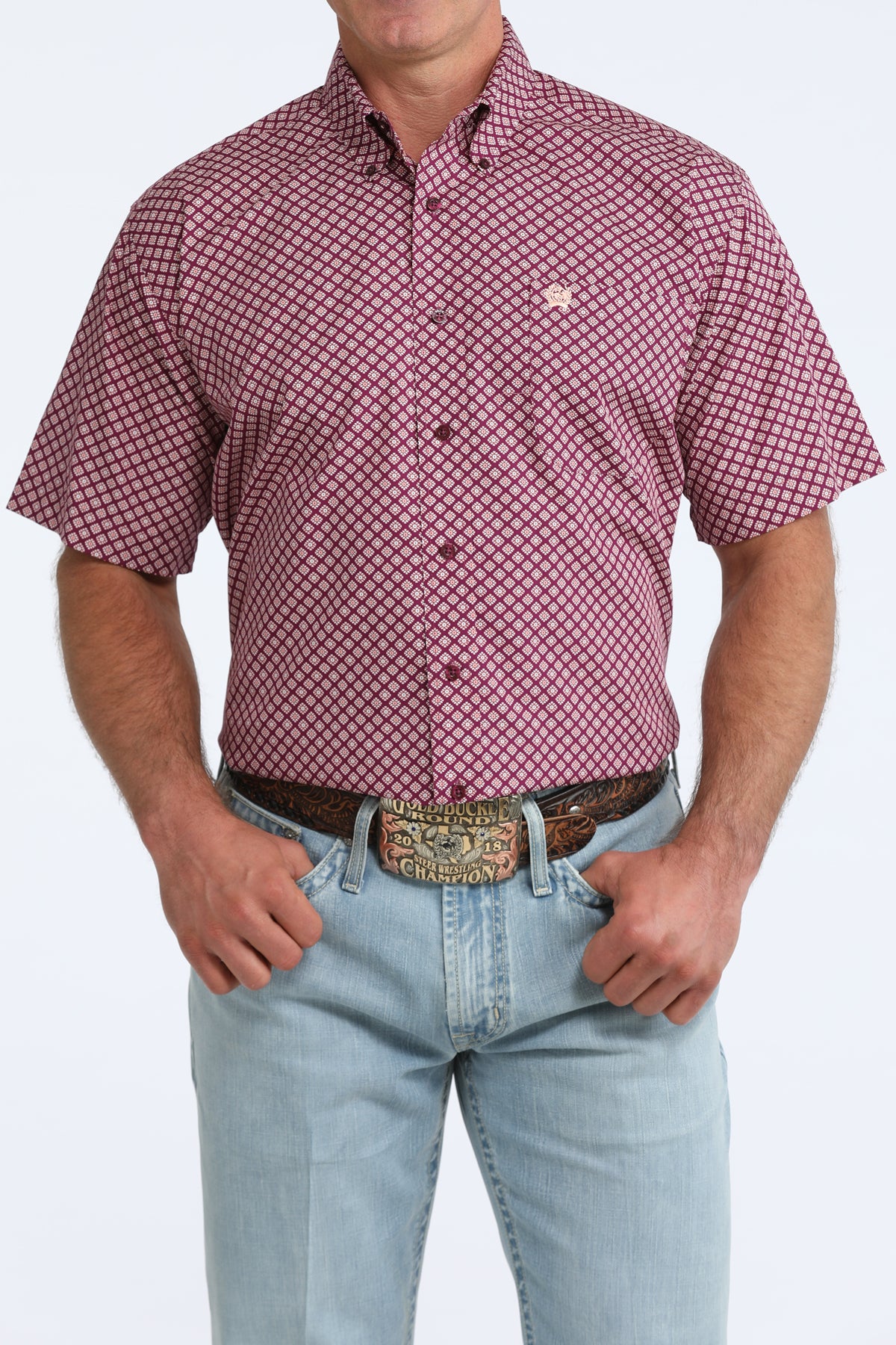 Cinch Short Sleeve Shirt in Purple Medallion Print
