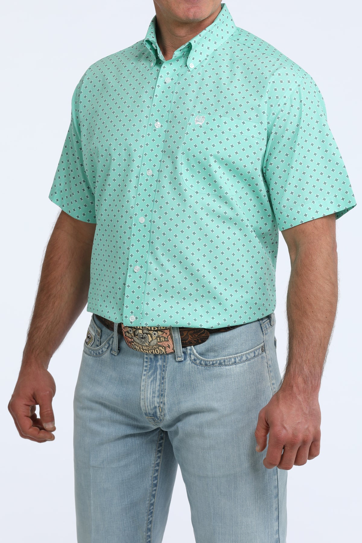 Cinch Turquoise Geo Print Button Down Shirt