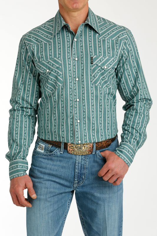 Cinch Men's Long Sleeve Modern Stripe Teal Green Shirt