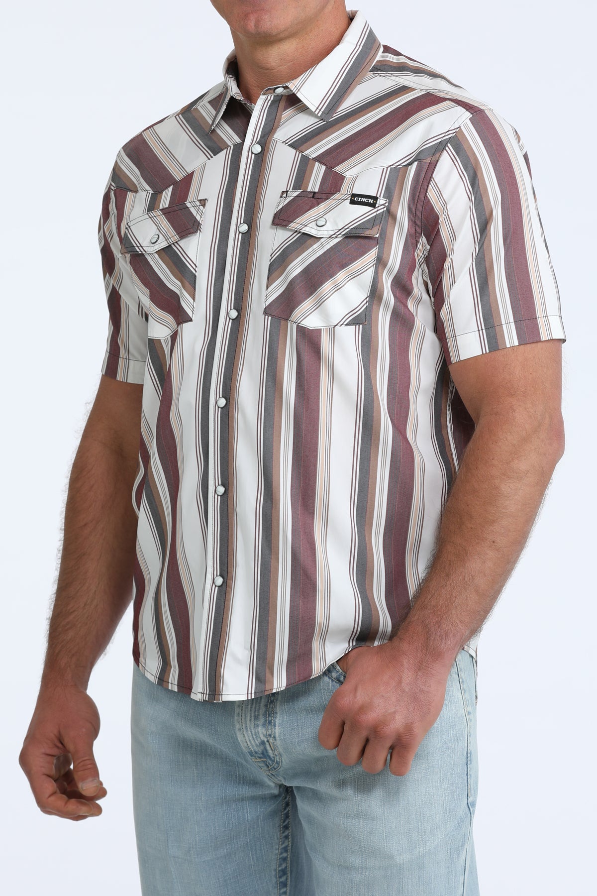 Cinch Camp Shirt in Burgundy & White Stripe