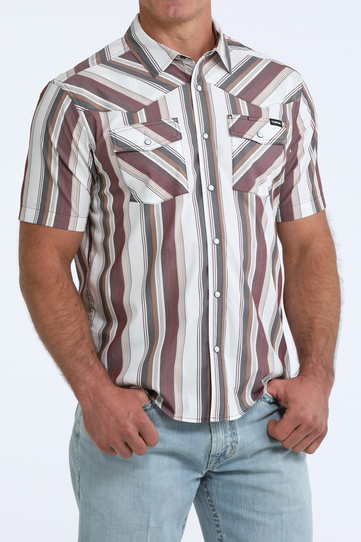 Cinch Camp Shirt in Burgundy & White Stripe