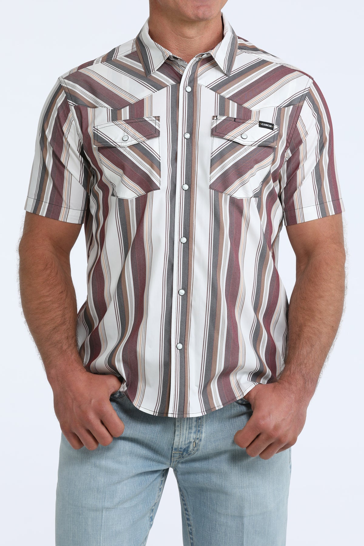Cinch Camp Shirt in Burgundy & White Stripe