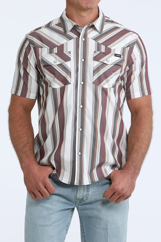 Cinch Camp Shirt in Burgundy & White Stripe