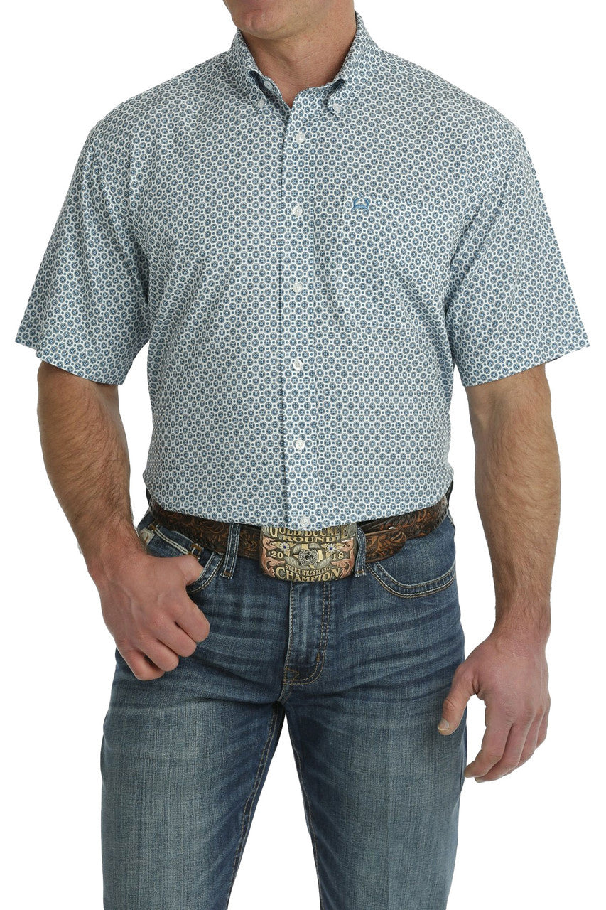 Cinch Blue and White Geometric Print Arenaflex Button-Down