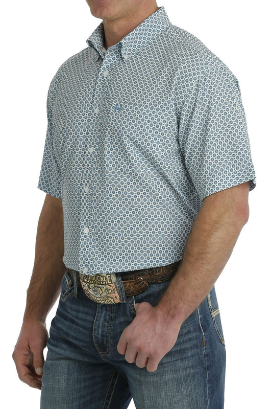 Cinch Blue and White Geometric Print Arenaflex Button-Down