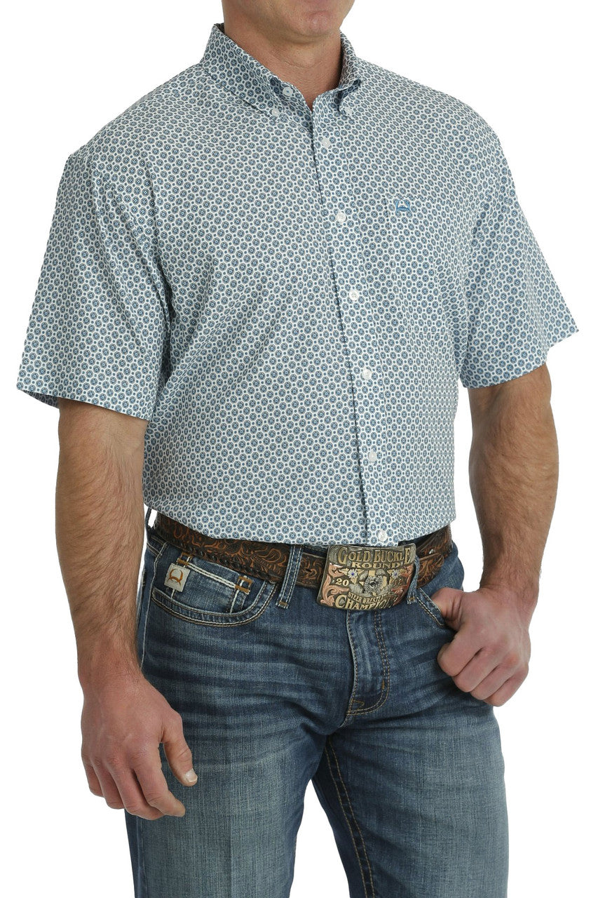 Cinch Blue and White Geometric Print Arenaflex Button-Down