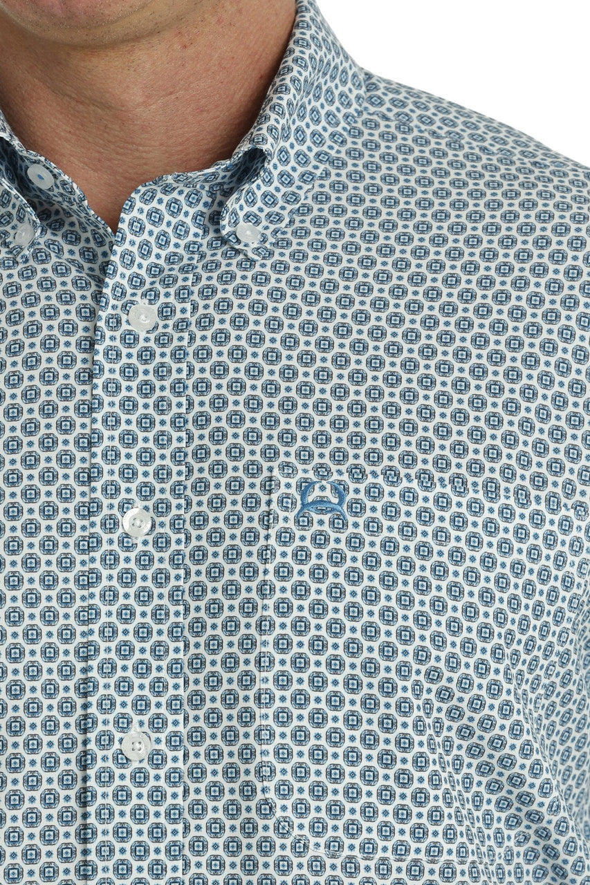 Cinch Blue and White Geometric Print Arenaflex Button-Down