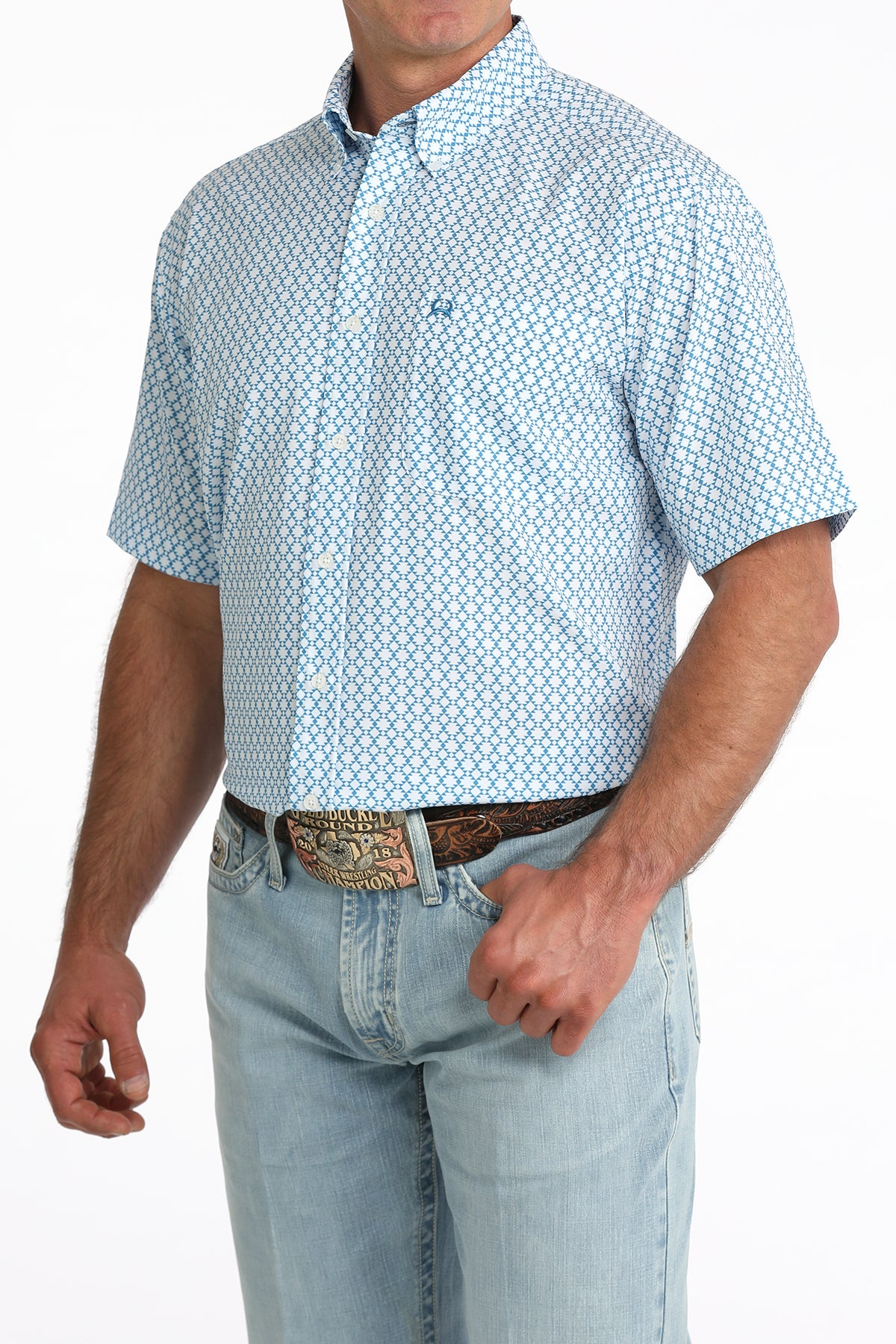 Cinch Men's ArenaFlex Blue Geo Diamond Print Short Sleeve Shirt