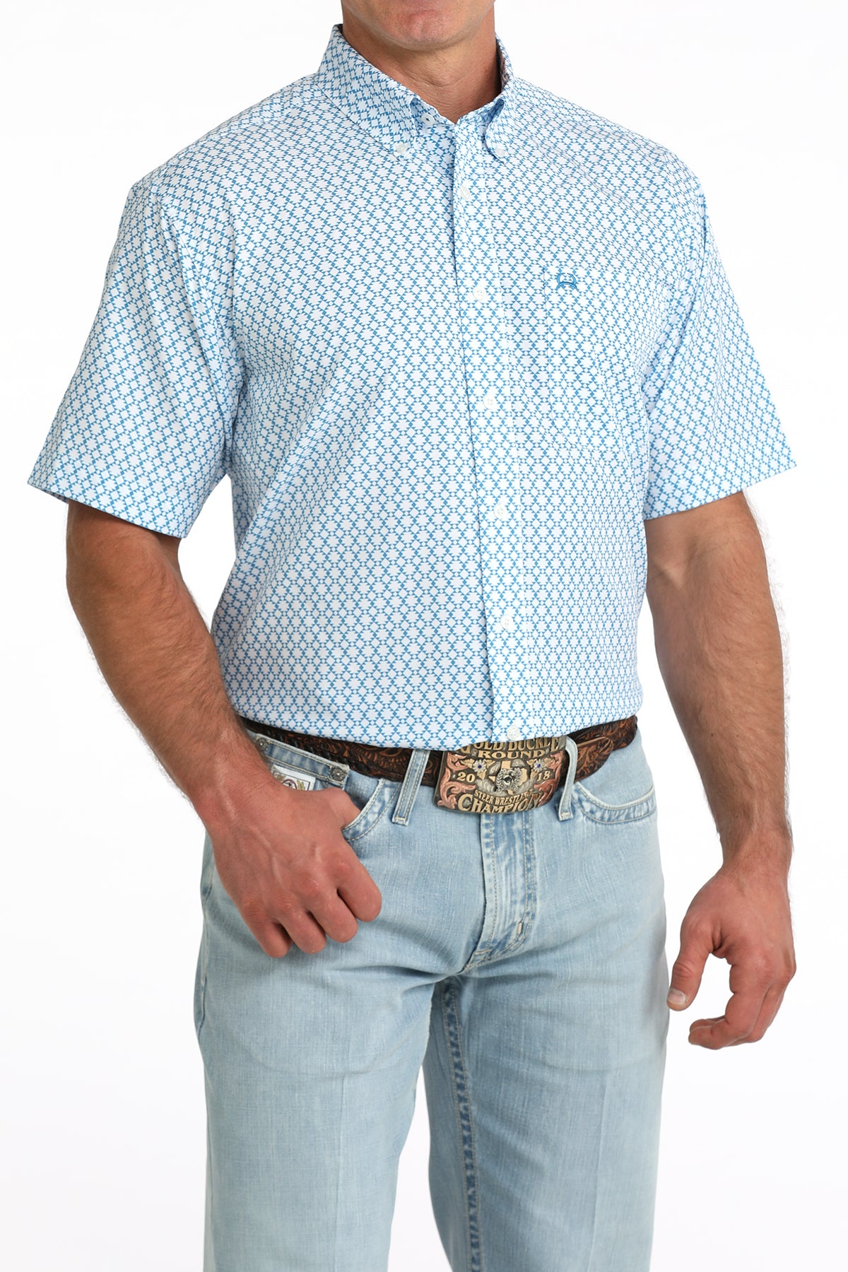 Cinch Men's ArenaFlex Blue Geo Diamond Print Short Sleeve Shirt