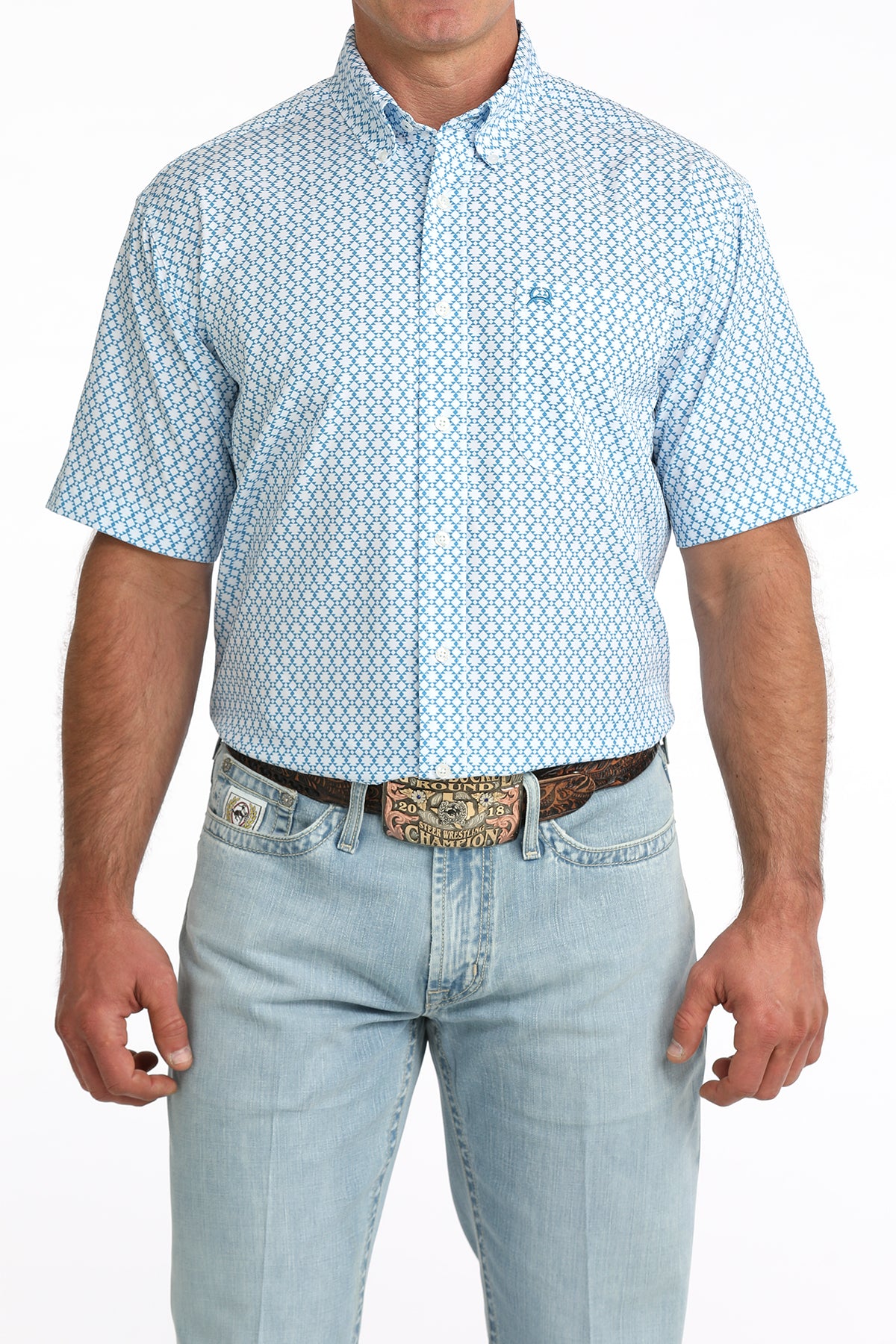 Cinch Men's ArenaFlex Blue Geo Diamond Print Short Sleeve Shirt