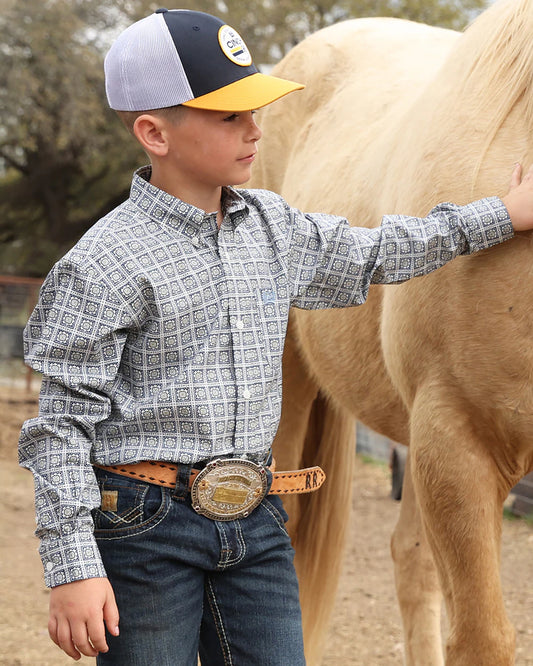 Cinch Boy's Button-Down Western Shirt in White Dutch Tile