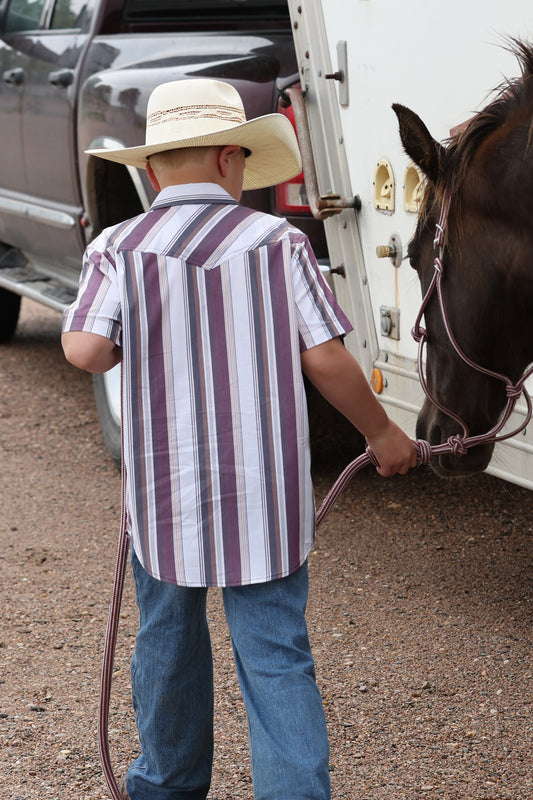Cinch Boy's Striped Short Sleeve Snap Shirt in Burgundy & White