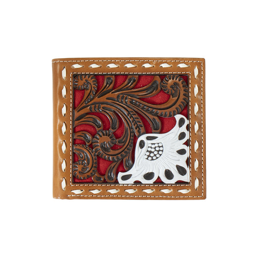 Nocona Large Floral Filigree with Red Underlay Bifold Wallet