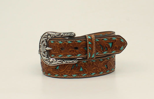 Nocona Ladies Tan Turquoise Underlay Lace Edged Belt