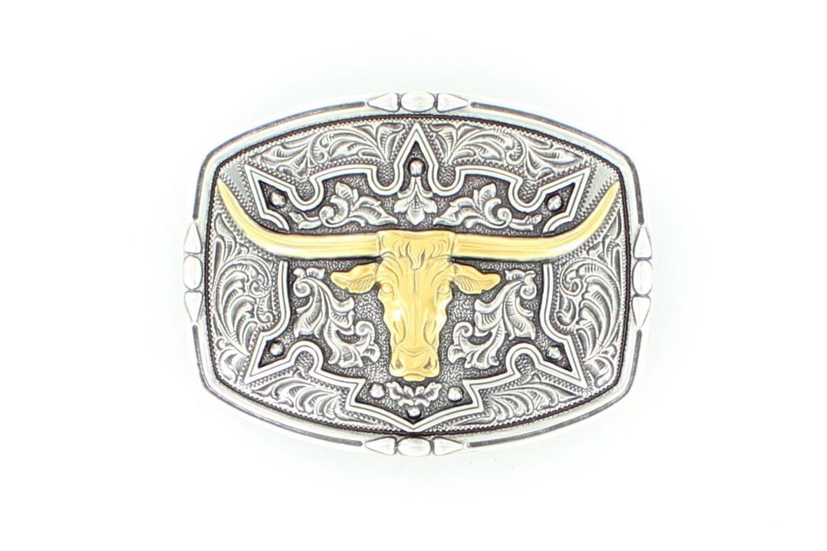 Belt buckle with longhorn bull design on a white background