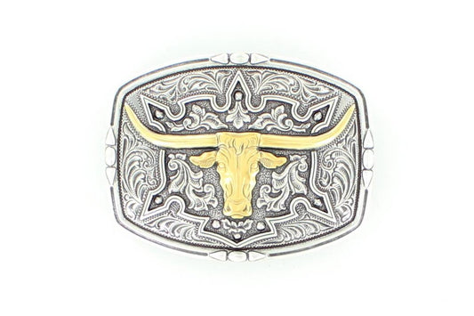 Belt buckle with longhorn bull design on a white background
